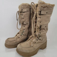 Vintage Report Neely Combat Boots Size 8 Taupe Suede Faux‑Fur Trim Leather Upper