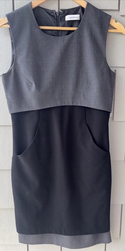 Calvin Klein Lined Dress Pockets Sheath Black Gray Career Wear Minimalist P - Picture 3 of 17