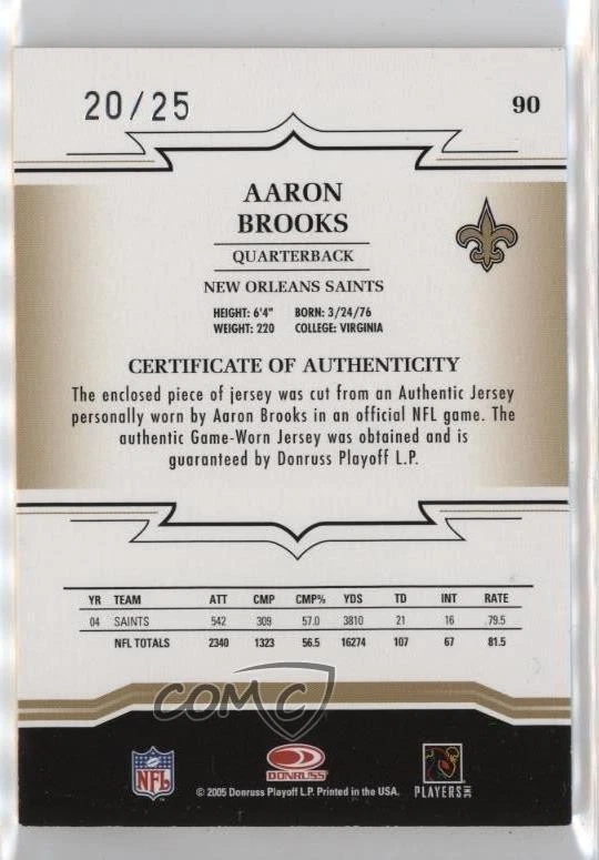 2005 Donruss Throwback Threads Materials Prime /25 Aaron Brooks #90 - Image 2 of 2