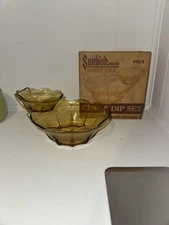 Vintage ANCHOR HOCKING Swedish Modern HONEY GOLD Chip and Dip Set In Box MCM 