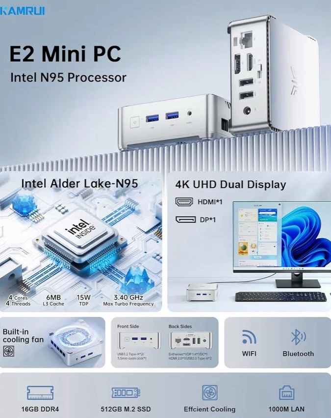 KAMRUI GK3 Plus Mini PC 16GB RAM 512GB M.2 SSD, Intel 12th Alder Lake N95 (up... - Image 3 of 4