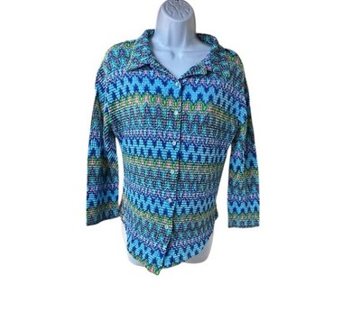 Cache Multicolor Knit Chevron Cardigan Top Women s Large Button Front Y2K Retro
