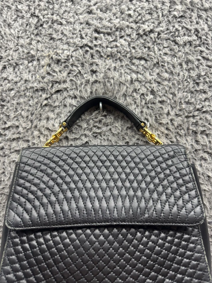 复古 Bally 女式正品绗缝皮革双向手提包黑色金色 — 第 3/4 张图片