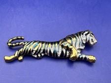 Vintage Green & Gold Tone Tiger Brooch By Cabouchon Enamel In Original Bag