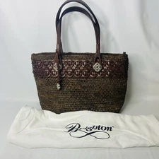 Brighton Interlok TARRAH Cedar-Cognac Raffia Straw Tote Handbag Charm MSRP $340