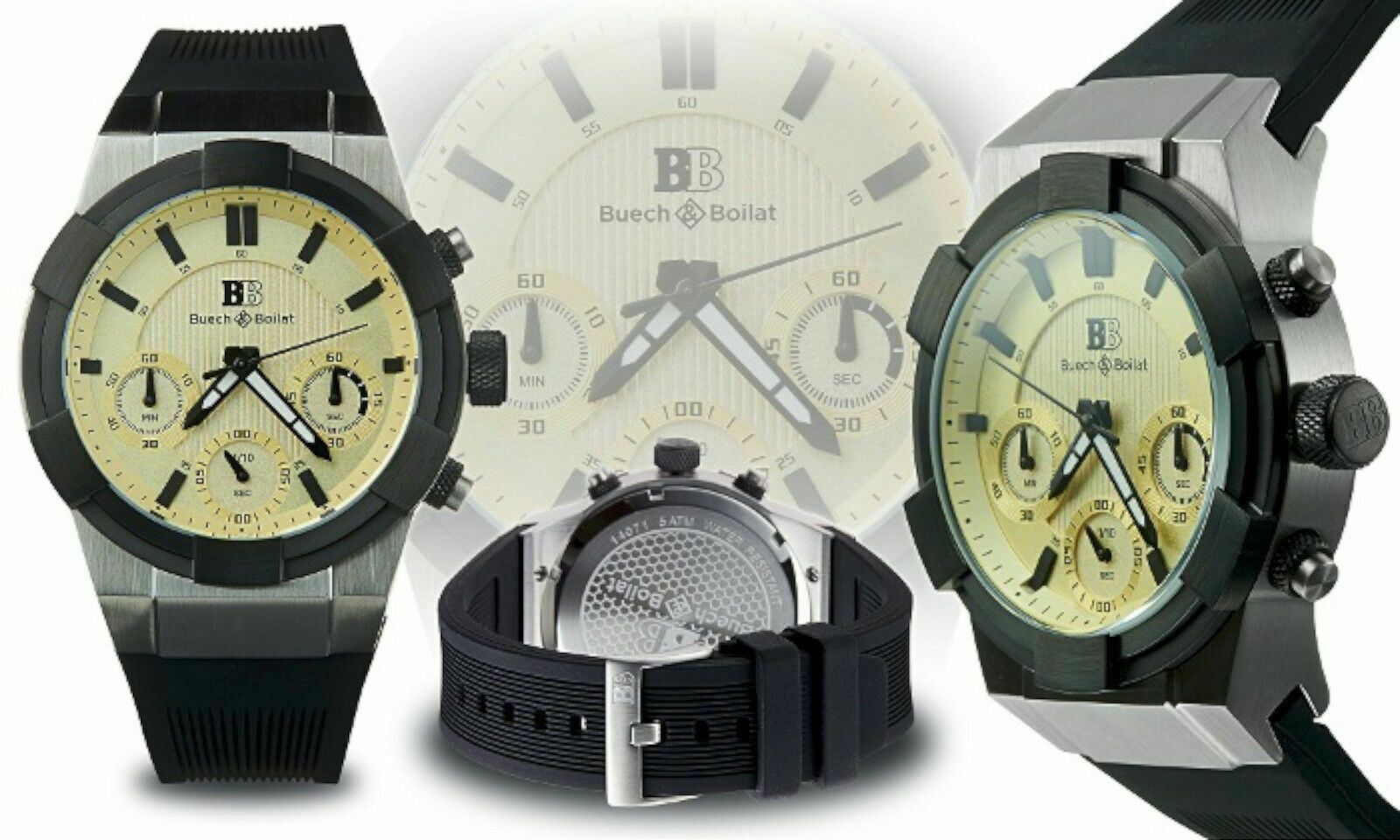 NEW Buech & Boilat 14071 Mens Liege Chronograph Series Silver/Yellow Sport Watch
