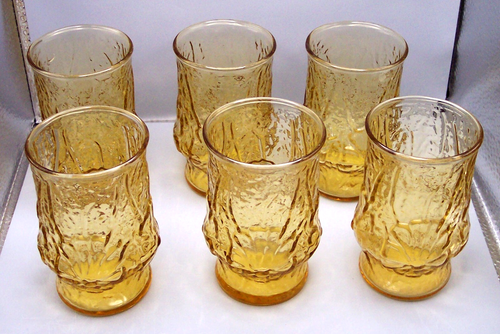 Vintage Rain Flower Amber Juice Glasses Set Of 6 Anchor Hocking MCM Style 4" H - Picture 2 of 5