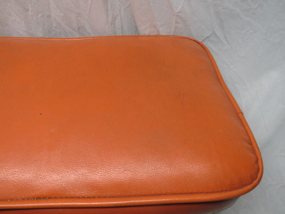 Vintage Mid Century Modern Orange Vinyl Footstool/Ottoman Wood Legs 21"x13"x13" - Image 3 of 4