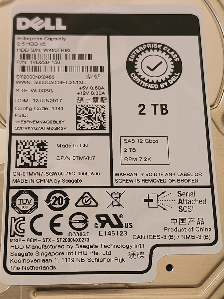 Dell 2TB 7.2K 12G 2.5" SAS HDD 0TMVN7 ST2000NX0463 TMVN7 GEN12 0NTPP3 Caddy - Image 2 of 4