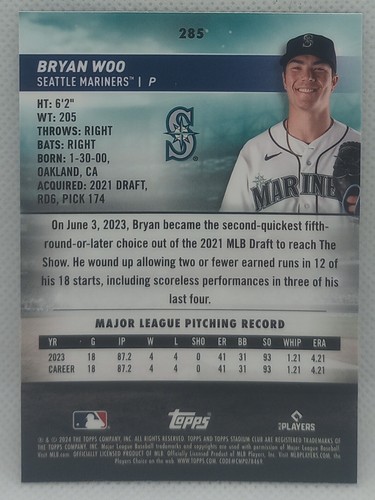 2024 Stadium Club Chrome Bryan Woo RC Rookie Seattle Mariners #285 - Picture 2 of 2