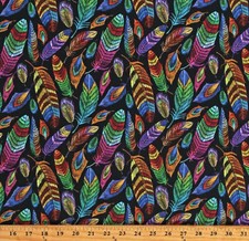Cotton Feathers Multi-Color Birds Feathers on Black Fabric Print by Yard D465.49
