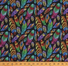Cotton Feathers Multi-Color Birds Feathers on Black Fabric Print by Yard D465.49