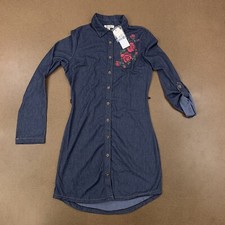 Ultra Flirt Junior's Size Small Dark Blue Denim Floral Print Shirtdress NWT