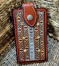 WESTERN PHONE HOLSTER AZTEC GENUINE LEATHER RHINESTONE STUDDED HANDTOOLED CASE