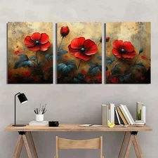 3pcs Rustic Red & Blue Wildflower Perfect Wall Art Canvas Framed 50x70cm