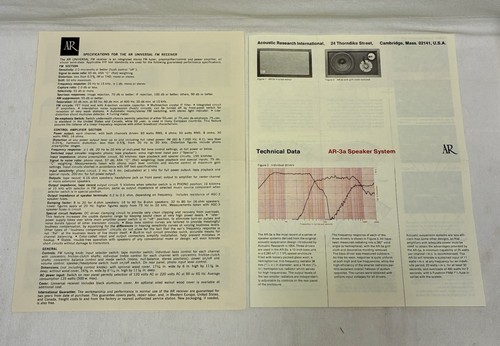 ACOUSTIC RESEARCH AR 3-A SPEAKER SYSTEM TECHNICAL DATA, INSTRUCTIONS,AMP SPECS