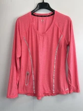 Avia Womens Active Top L Pink V Neck Long Sleeve Breathable Polyester Zip Pocket
