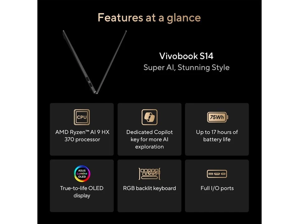 ASUS Vivobook S14 Laptop, Copilot+ PC AMD Ryzen AI 9 HX 370 32GB RAM 1TB SSD (M5 - Image 4 of 4