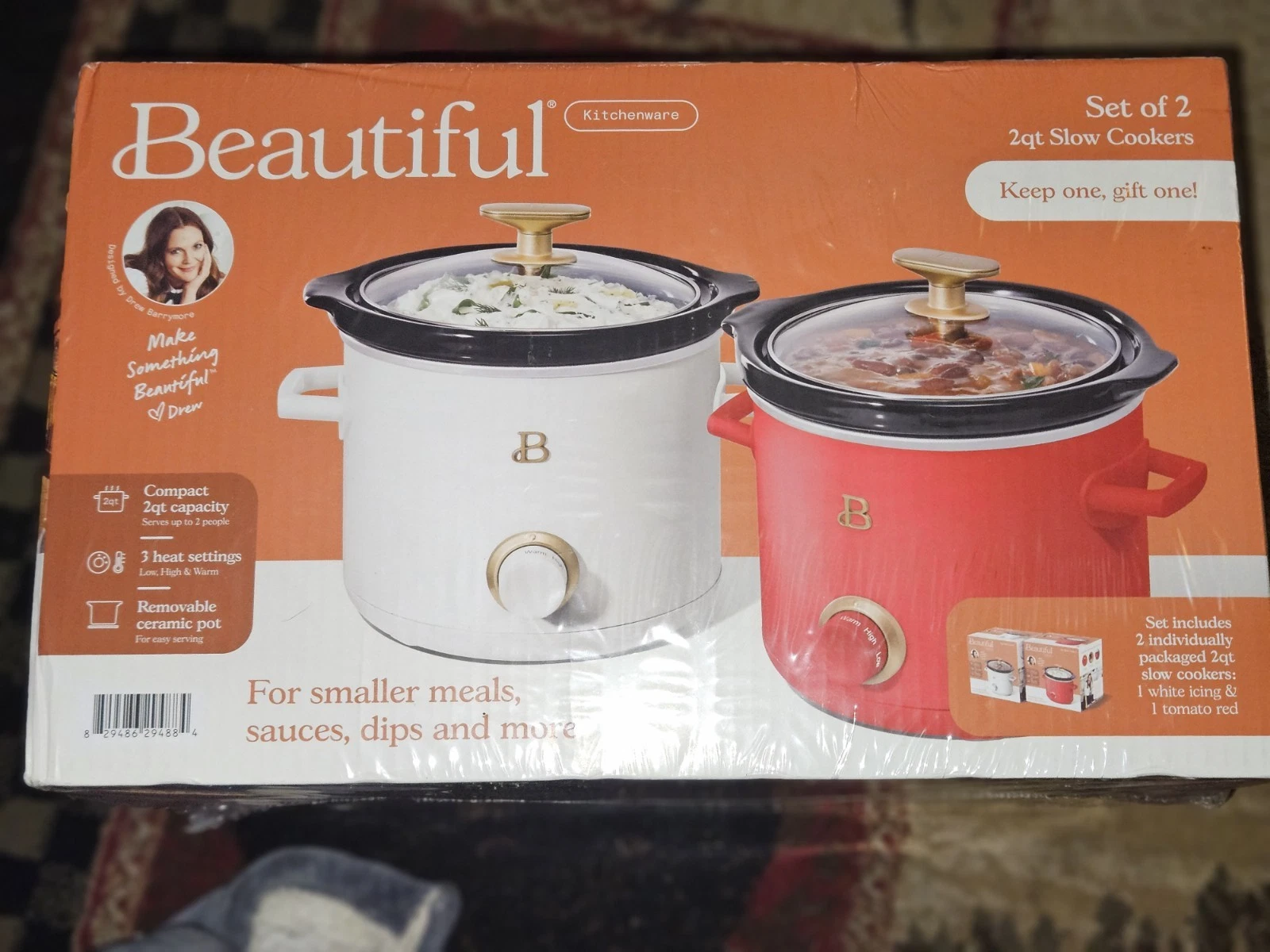 Beautiful 2 qt Slow Cooker Set 2-Pack, White Icing and Tomato Red Drew Barrymore