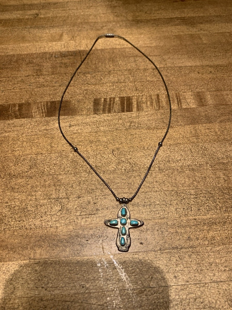 Zuni Indian Sterling Silver Turquoise Cross Pendant by Cecilia