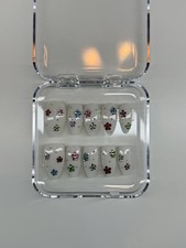 Almond Press-On Nails White/Multicolor 3D Rhinestone Flower Full Cover Set
