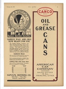 1921 SAPULPA Refining Co. of Tulsa Ad: SARECO Straight Run Gasoline, Indian Logo