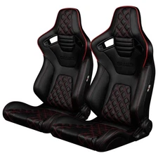 BRAUM -Black Diamond Leather ELITE-X Racing Seats w/ Red Piping & Stitches -Pair