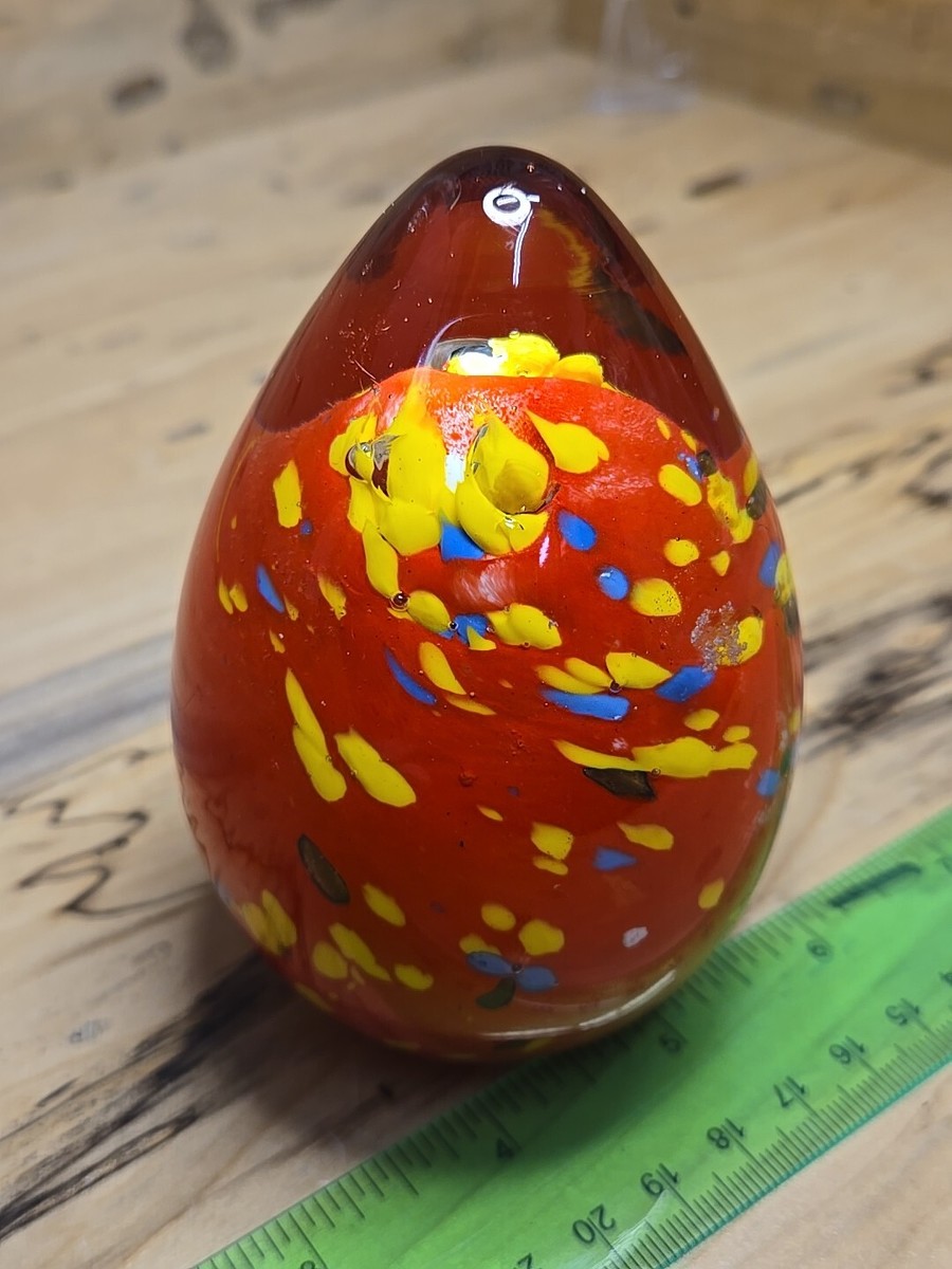 Murano Egg Shape Red Yellow Blue Paperweight. 4.5