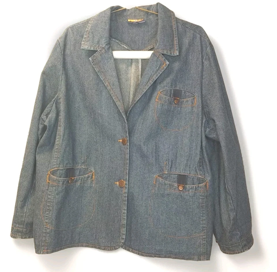 Chaqueta Blazer Havana Jacks Retro Café Denim Mujer Plus 3X Bolsillos Carga Azul De Colección Foto 2 de 4