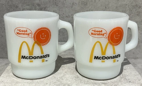 2 Vintage Milk Glass McDonald's Coffee Mug Anchor Hocking Fire King Good Morning
