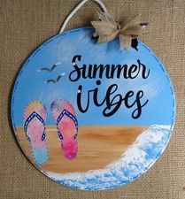 SUMMER VIBES CIRCLE SIGN Wall Art Door Hanger Deck Beach Backyard Plaque Wood