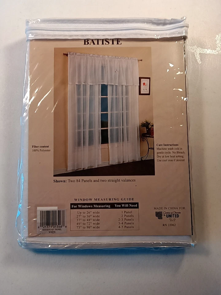 Curtains of Character by United solid batiste White panel 54”w x 63”L Brand New  - Image 4 of 4