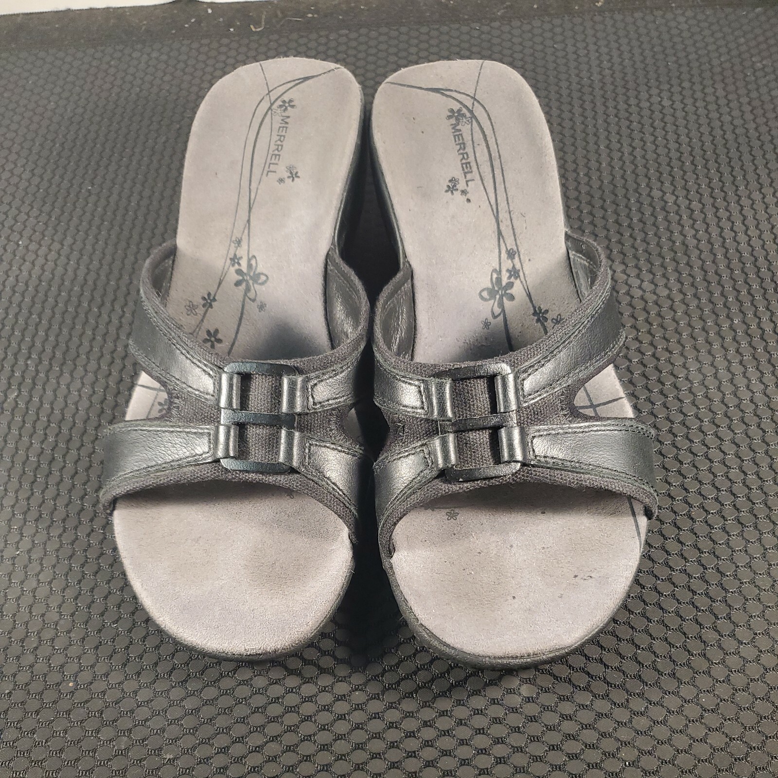 Merrell Dewberry sandalo donna 7 nero pelle zeppa slide suola vibram tacco 2"