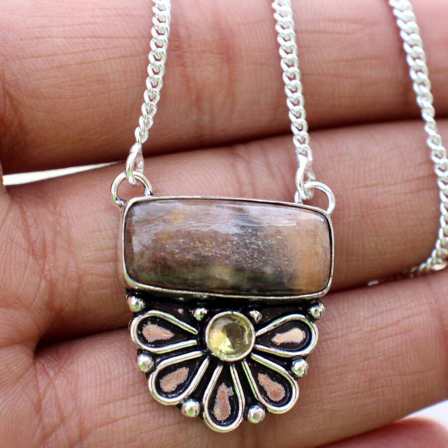 925 Silver Plated Sunstone Citrine Necklace 18 Inch Elegant Jewelry JW