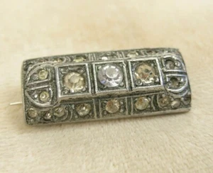 Wonderful Antique Art Deco Pewter Clear Rhinestone Filigree Bar Pin Brooch