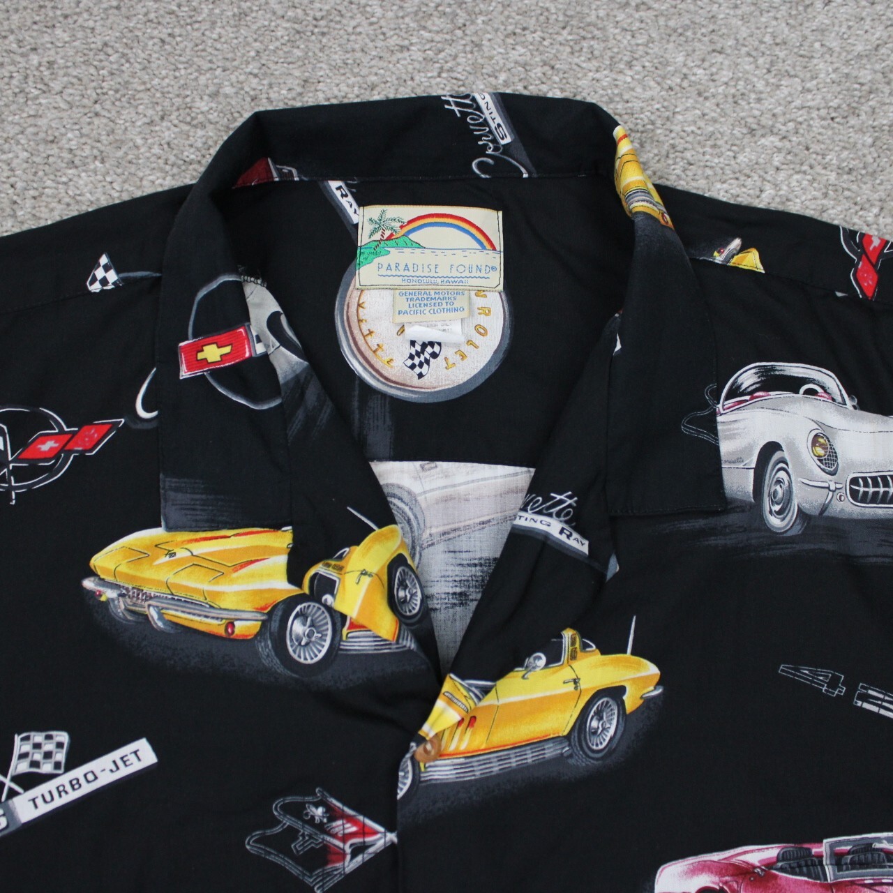 Paradise Found Hawaiian Shirt Mens 4XL Black GM Corvette Classic Cars S/S Rayon