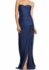 HALSTON HERITAGE Runway Gown Dress Strapless Pleated Ruched Beaded $800 S RARE!