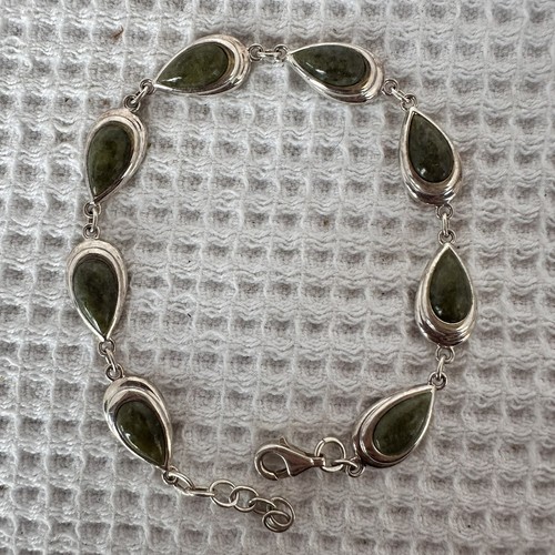 Solvar Sterling Silver & Green Stone 8" Bracelet 925 Connemara Marble Irish