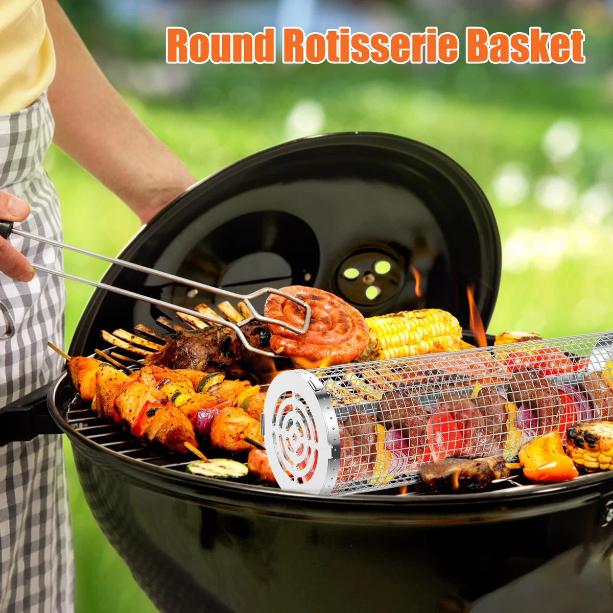 BBQ Net Tube 304 Stainless Steel Rolling Grilling Basket with Fork