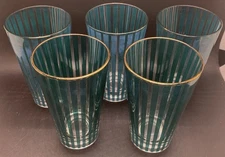 Vintage MCM Jeannette Carousel Drinking Glass Set Of 5 Striped Teal 1960’s