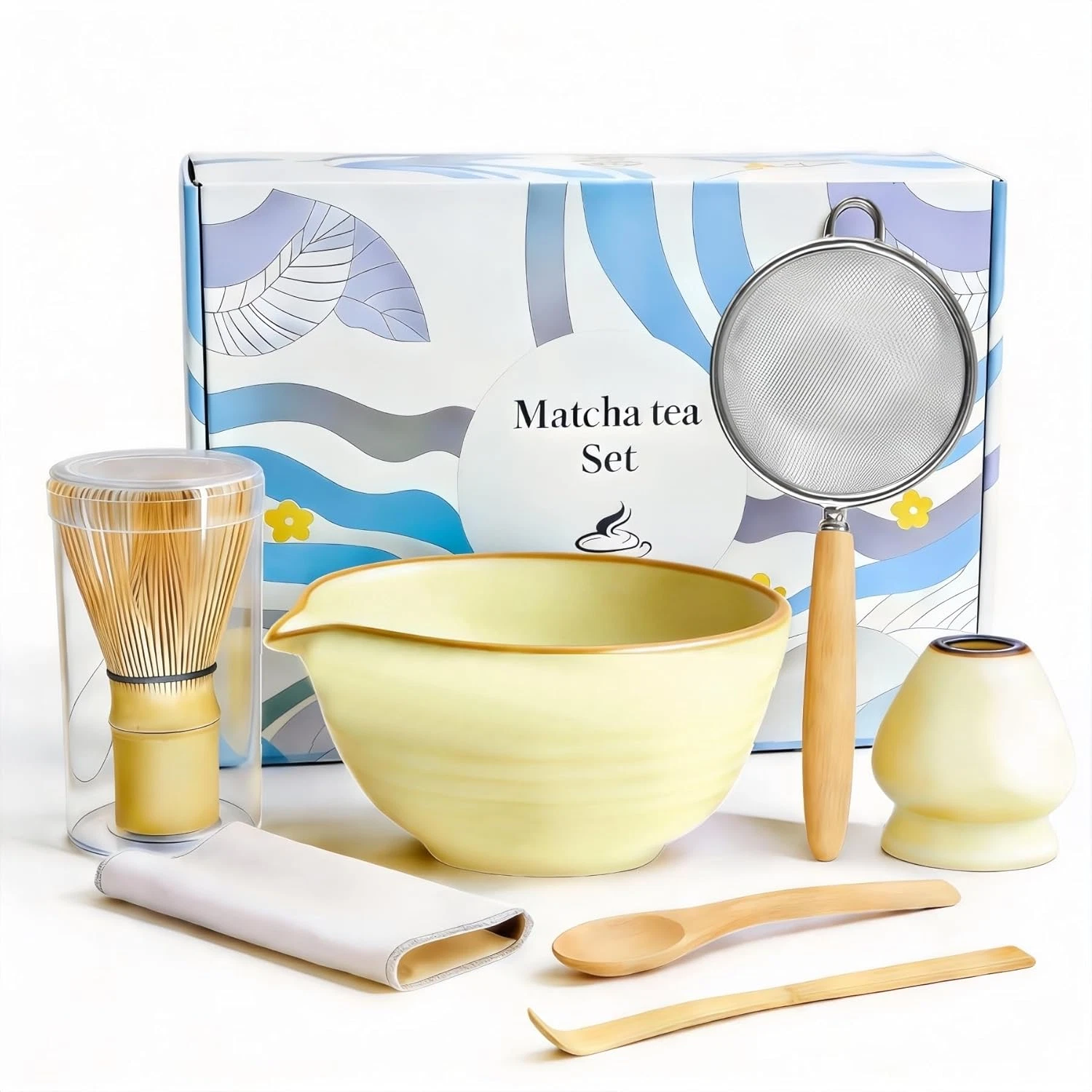 Matcha Whisk Set 7 Pcs, Ceramic Bowl, Bamboo Whisk, Scoop, Sifter & Holder