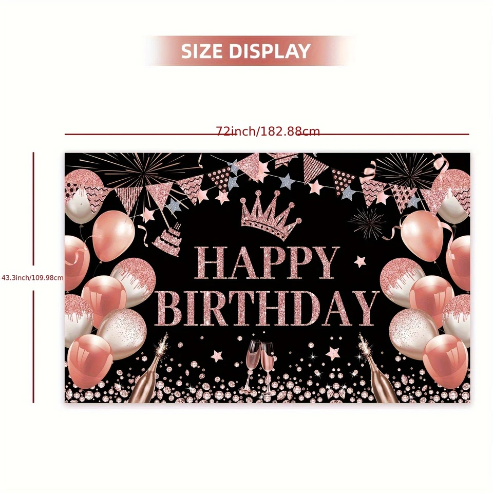 Rose Gold Birthday Party Backdrop Rose Gold Glitter Balloons Happy Birthday! - Image 2 of 4