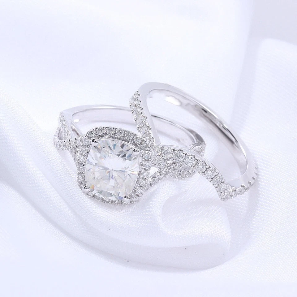 Set anello da sposa 2,90 ct diamante taglio cuscino oro bianco massiccio 14... - Immagine 4 di 4