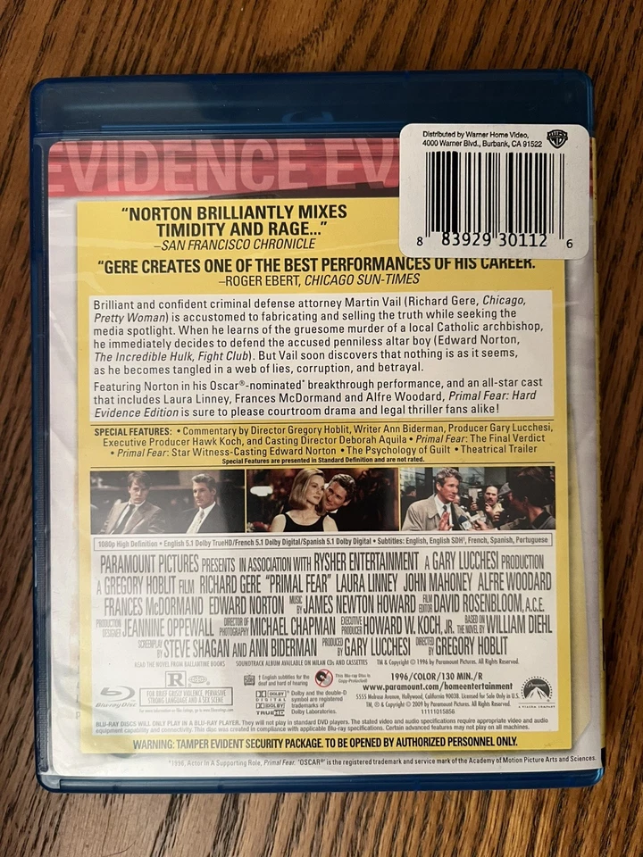 Primal Fear [Hard Evidence Edition] (Blu-ray, 1996) Region Free Gere Norton US v - Image 4 of 4