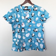 Scrub Studio Women s V-Neck Scrub Top - Penguin Playland Winter Print - Size M