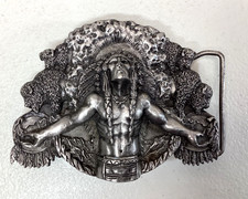 1981 Bergamot Siskiyou Belt Buckle Native American Indian Chief Brass Vintage