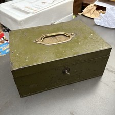Vintage Military Green Metal Cash Box  Inner Coin Organiser Brass Handle