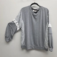 Sugarfox Sweatshirt Womens 1XL Gray Floral Panel Lace Trim Pullover Long Sleeve