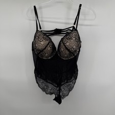 Fredricks of Hollywood Black Lace Teddy Bodysuit 2X Strappy Cupped Sheer Mesh