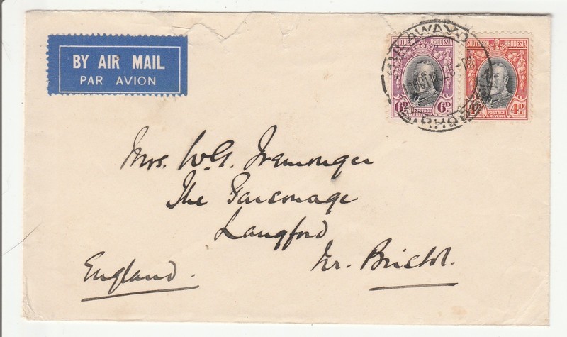 Southern Rhodesia 'Air Cover' Scott # 21 & 22 "Bulawayo 19 OCT 1932"